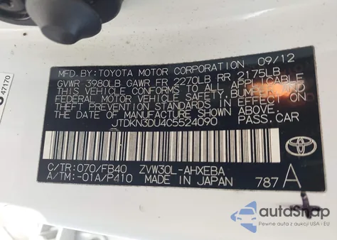 2012 Toyota Prius Three z USA, uszkodzony, nr VIN JTDKN3DU4C5524090